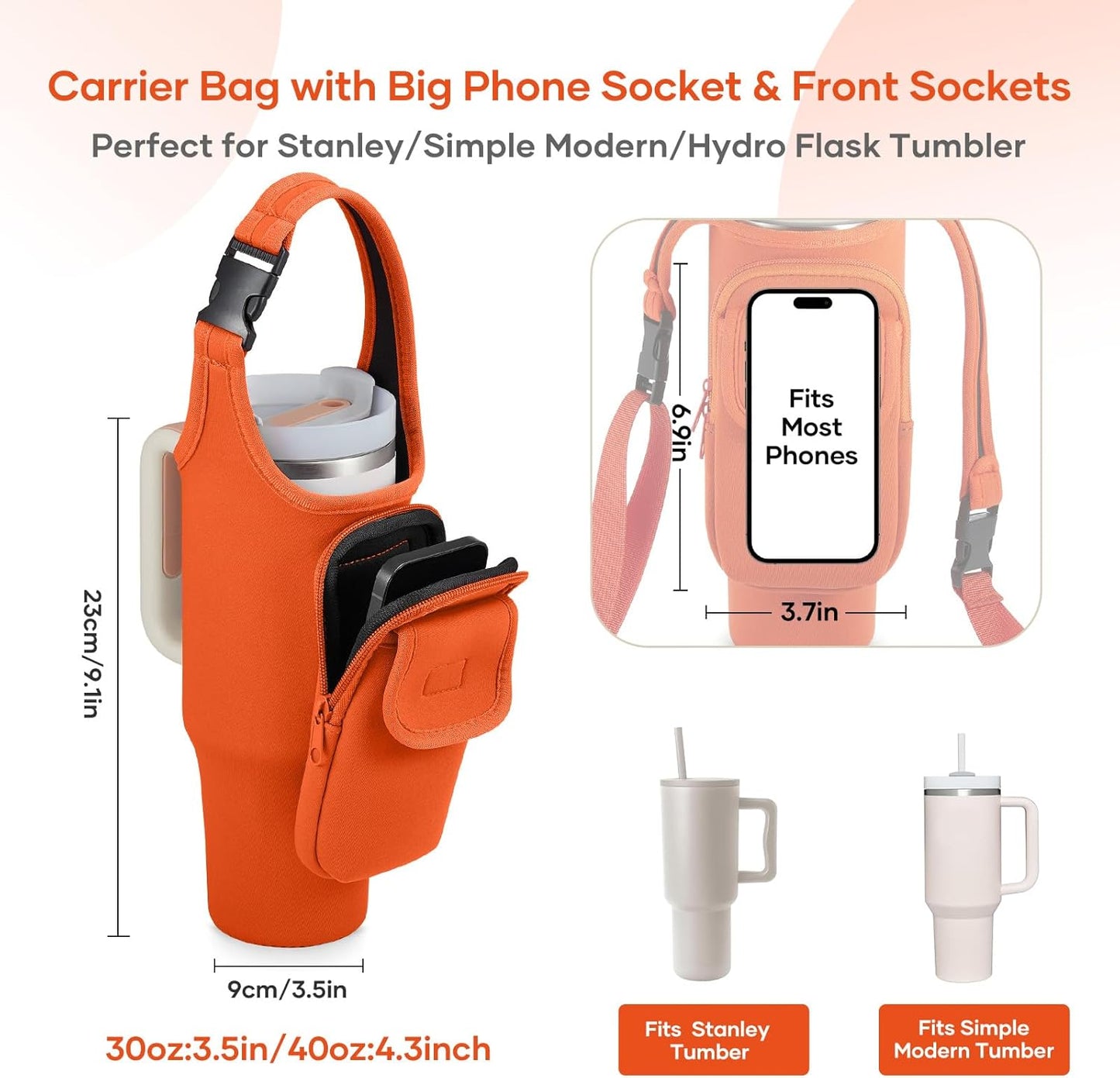 Bufilea Carrier Bag with Phone Holder Pockets for Stanley 40/30oz Tumbler with Handle, Insulated Neoprene Crossbody Bag Cup Holder w/Shoulder & Handheld Straps Fits Stanley Cup Accessories