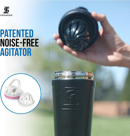 Ice Shaker Insulated Stainless Steel Shaker Bottle | 26oz, Black | Cold for 30+ Hours | Insulated Cup with Twist-on Agitator | Odor-Free Bottle for Protein Shakes, Water, Smoothies, Cocktails