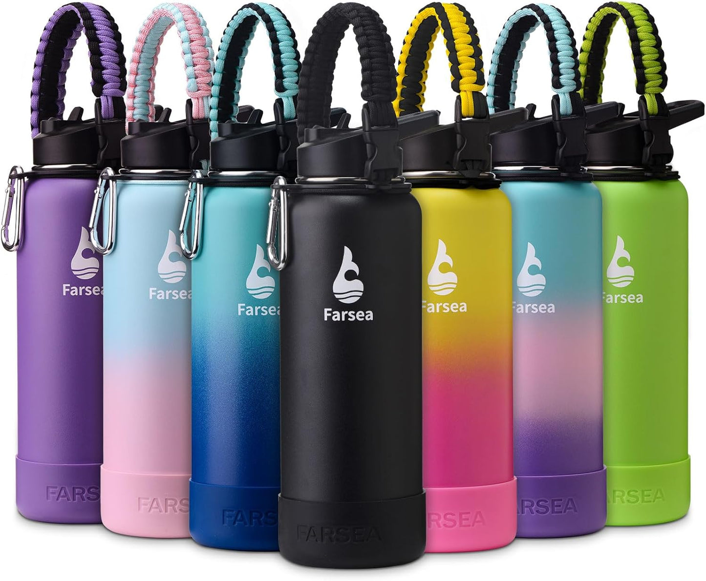 Farsea Insulated Water Bottle With Paracord Handle, Protective Silicone Boot and 2 Lids (Straw Lid & Spout Lid), Stainless Steel Water Bottle Wide Mouth, Double Wall Sweat-Proof BPA-Free, 24 oz