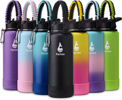 Farsea Insulated Water Bottle With Paracord Handle, Protective Silicone Boot and 2 Lids (Straw Lid & Spout Lid), Stainless Steel Water Bottle Wide Mouth, Double Wall Sweat-Proof BPA-Free, 24 oz