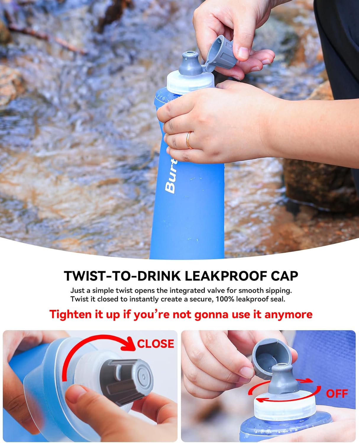Ultralight Collapsible Water Bottle, Compatible with 42mm BeFree Water Filter Cartridge, 1.0L Leakproof Foldable Water Bottle for Camping, Backpacking, Travel & Endurance Sports