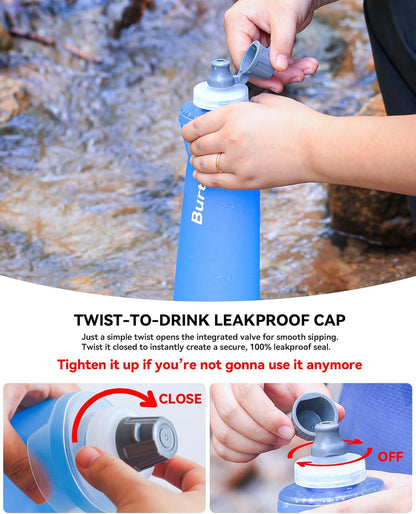 Ultralight Collapsible Water Bottle, Compatible with 42mm BeFree Water Filter Cartridge, 1.0L Leakproof Foldable Water Bottle for Camping, Backpacking, Travel & Endurance Sports