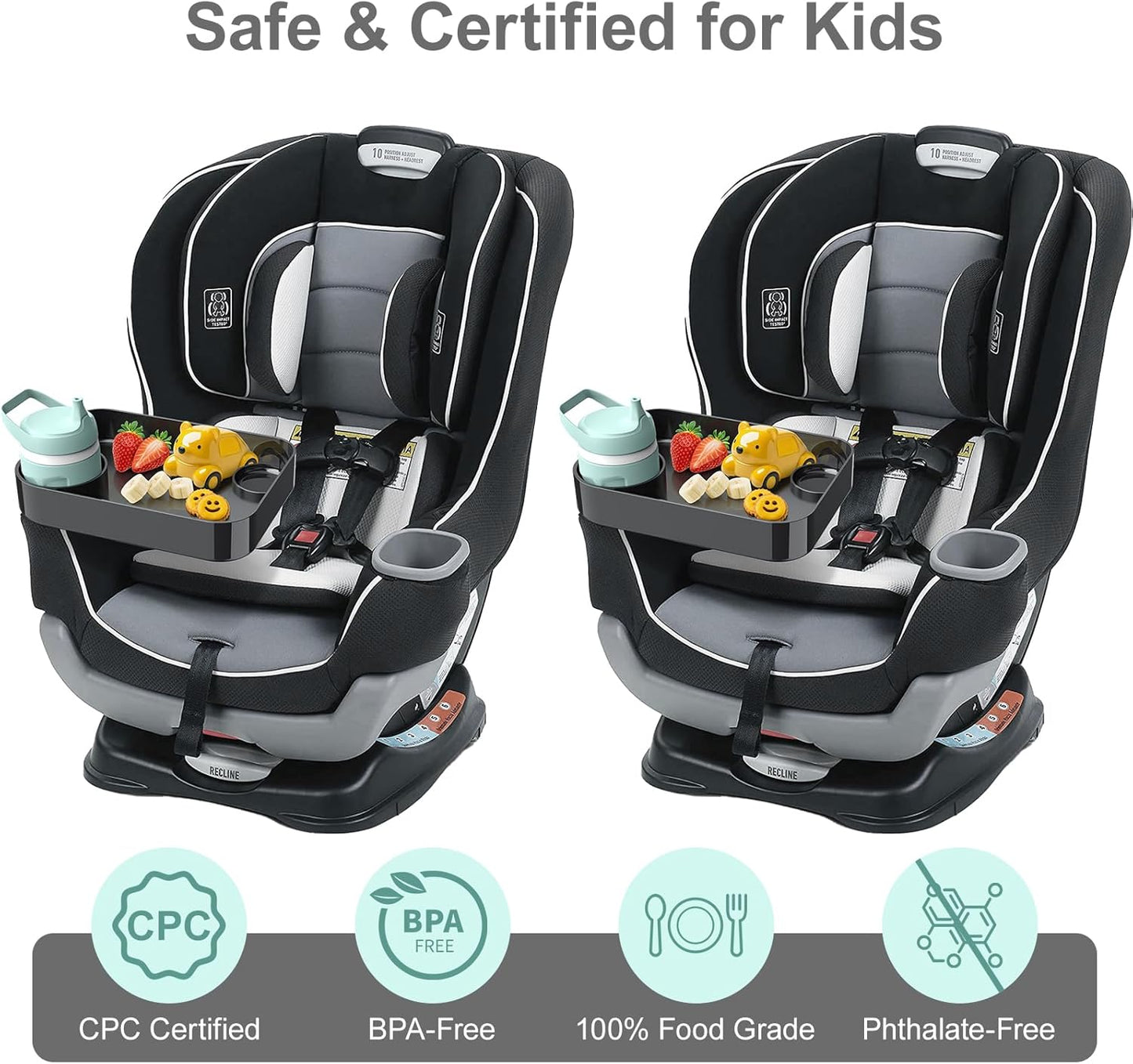 Car Seat Snack Tray for Toddlers - 3 Inch Cup Holder Fits Most Sippy Cups & Straw Bottles with Dip Well, Mess-Free Square Kids Travel Tray Road Trip Essentials, Black