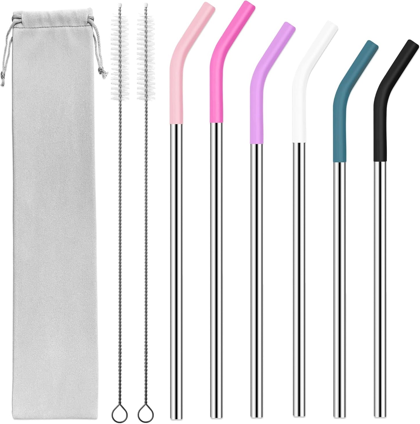 40 oz Stainless Metal Straws for 40 oz Stanley Tumbler, 6Pcs Reusable Straight Long Steel Straws with 12 Silicone Tips and 2 Straw Cleaning Brushes (6Color1, 40oz)