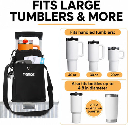 riemot Luggage Cup Holder with Strap, Travel Drink Holder with Phone Pocket, Hands Free Suitcase Drink Carrier Fits Stanley 40oz Cups, Luggage Accessories for Travel Airport Convenience