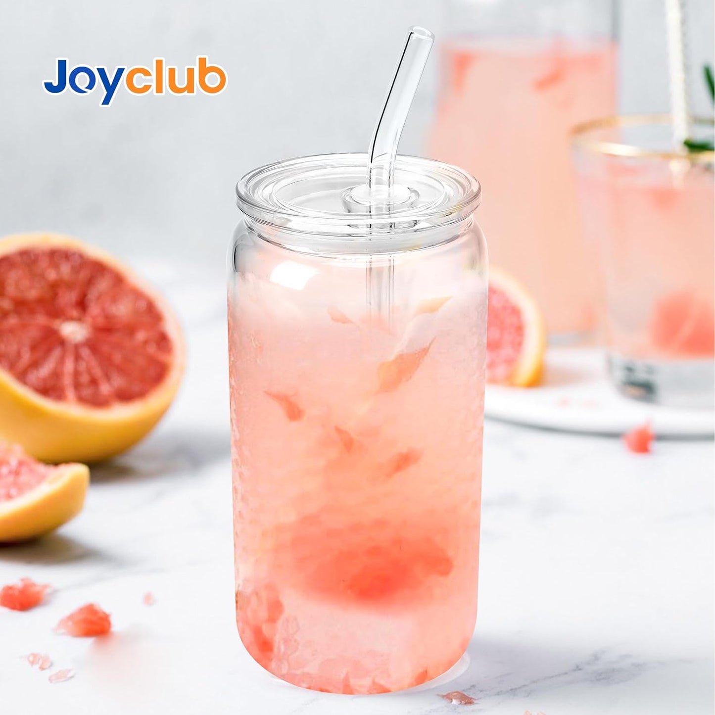 Joyclub 8pcs 16 oz Glass Cups with Acrylic Lids and Straws Can Shaped Iced Coffee Glasses Cute Tumbler Set Drinking Jars for Smoothie Soda Boba Beer Party Housewarming Gifts