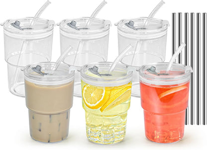 15 oz Plastic Matcha Iced Coffee Cups with Lids and Straws Set of 2, Unbreakable Drinking Glasses Reusable Iced Coffee Glass to Go Cup for Tea Smoothie Juice Cup Dishwasher Safe