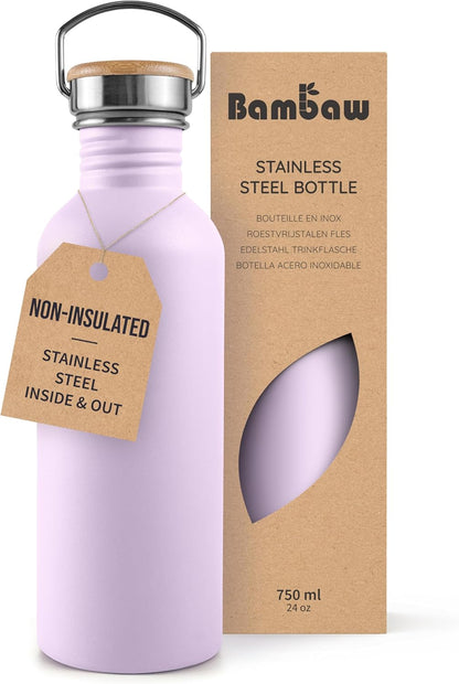 Bambaw Stainless Steel Water Bottles 32 oz, Non-insulated Single Wall Metal Water Bottle Stainless Steel, Reusable & Eco Friendly, Dishwasher Safe – Silver | Non-insulated