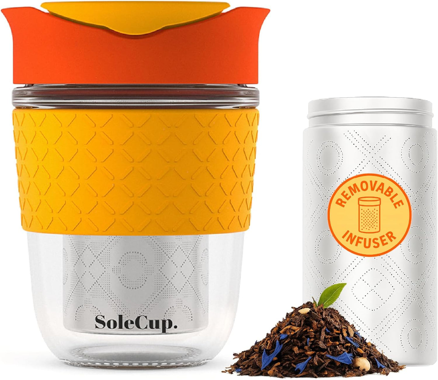 Travel Mug Loose Tea Infuser - Detachable Tea Strainer with Spillproof Lid - BPA-Free Reusable Glass Travel Coffee Cup with Silicone Band (Ice Cream, 12oz)
