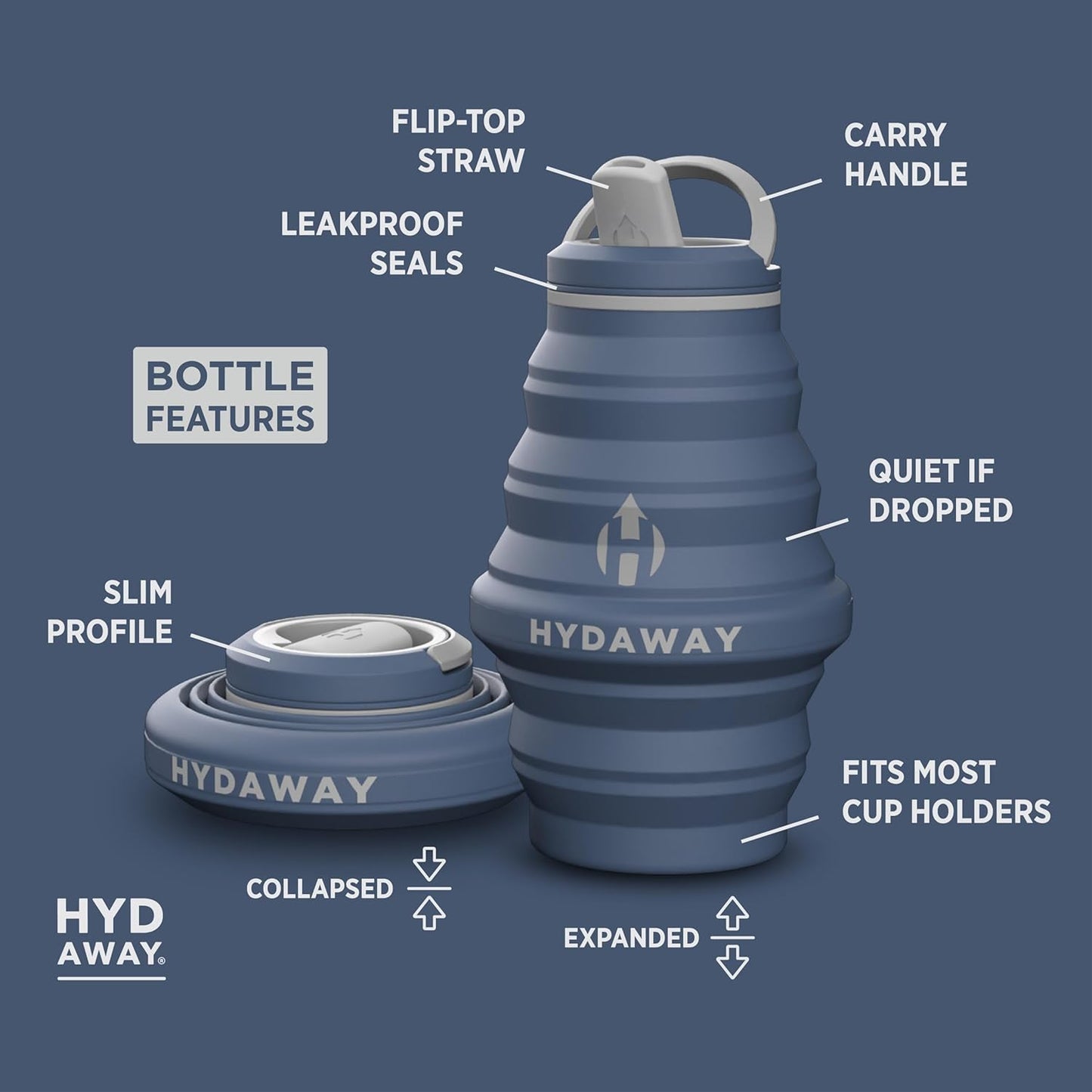 HYDAWAY 17oz Travel Collapsible Water Bottle - BPA-Free, Leakproof, Lightweight, Space-Saving