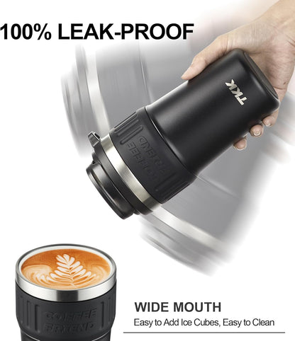 TKK Insulated Coffee Mug with Ceramic Coating, 21oz Iced Coffee Tumbler Cup with Straw Lid Double Wall Vacuum Leak Proof Travel Mug with Strap for Hot and Iced Beverage, Tungsten Steel