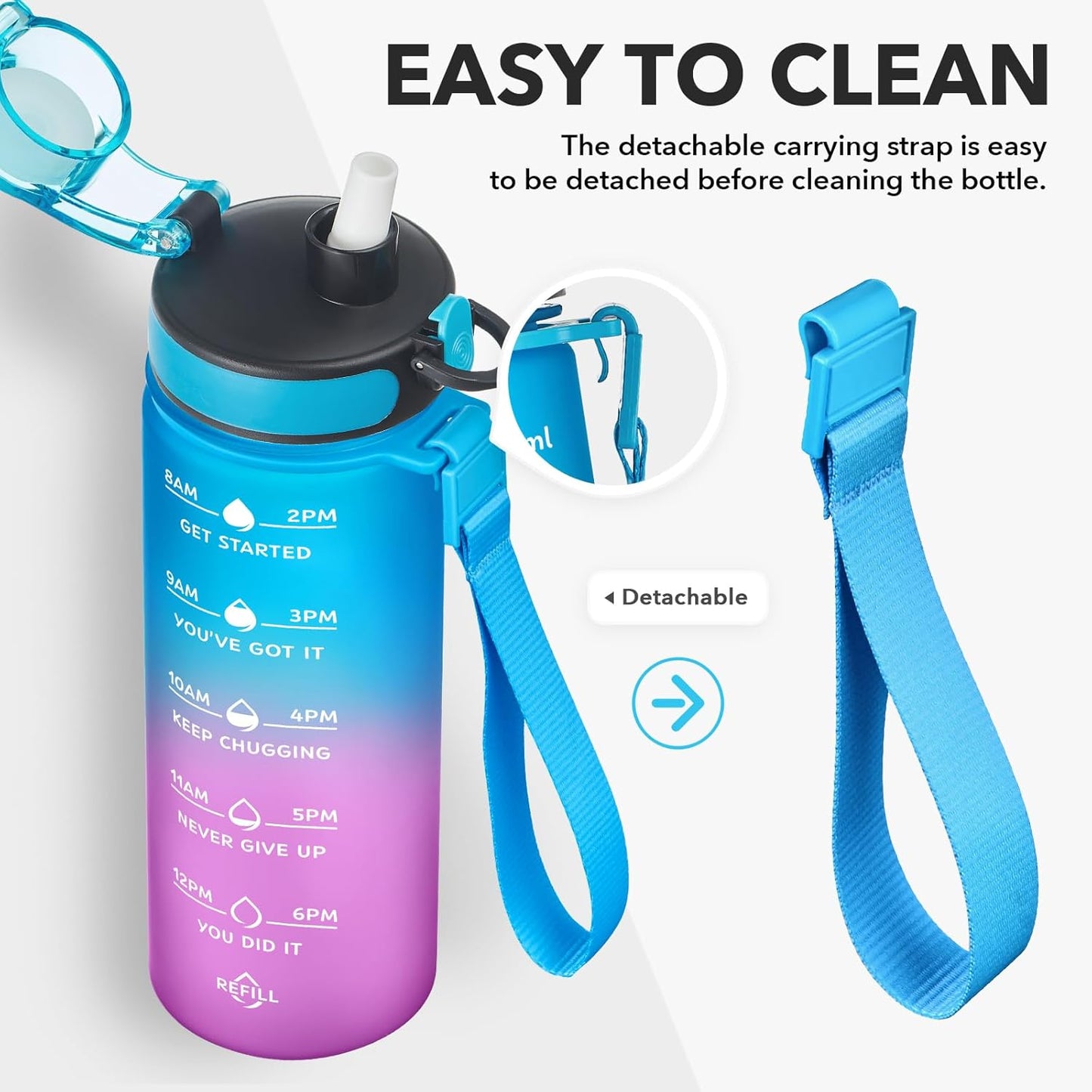 Enerbone Water Bottle, Leakproof BPA & Toxic Free, Motivational Water Bottle with Times to Drink and Straw, Fitness Sports Water Bottle with Strap for Office, Gym, Outdoor Sports