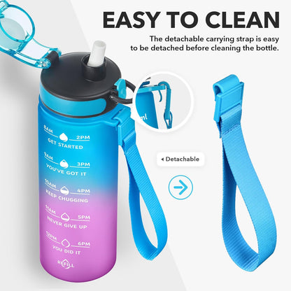 Enerbone Water Bottle, Leakproof BPA & Toxic Free, Motivational Water Bottle with Times to Drink and Straw, Fitness Sports Water Bottle with Strap for Office, Gym, Outdoor Sports