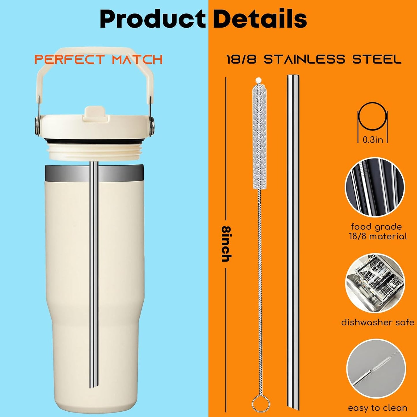 ALINK Stainless Steel Straws Compatible with Stanley Iceflow 30oz Flip Tumbler, 6 Pack Reusable Metal Straws for Stanley Ice Flow 30oz Cup Lid Only, Plus Straw Brush