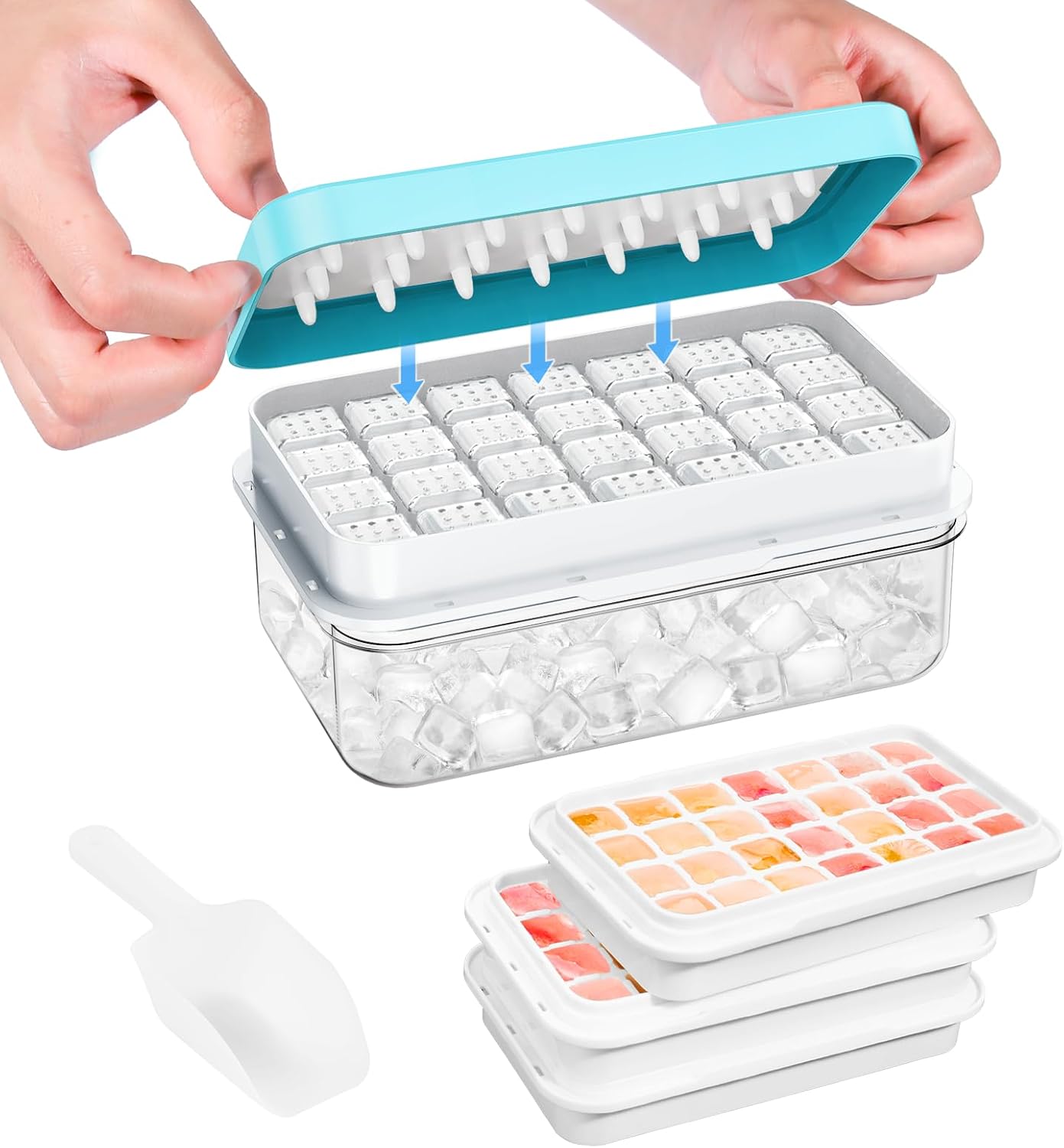 Ice Cube Tray with Lid and Bin, PHINOX 56 pcs Ice Trays for Freezer, Ice Cube Trays for Freezer with 2 trays, Container, Lid & Ice Scoop, BPA Free