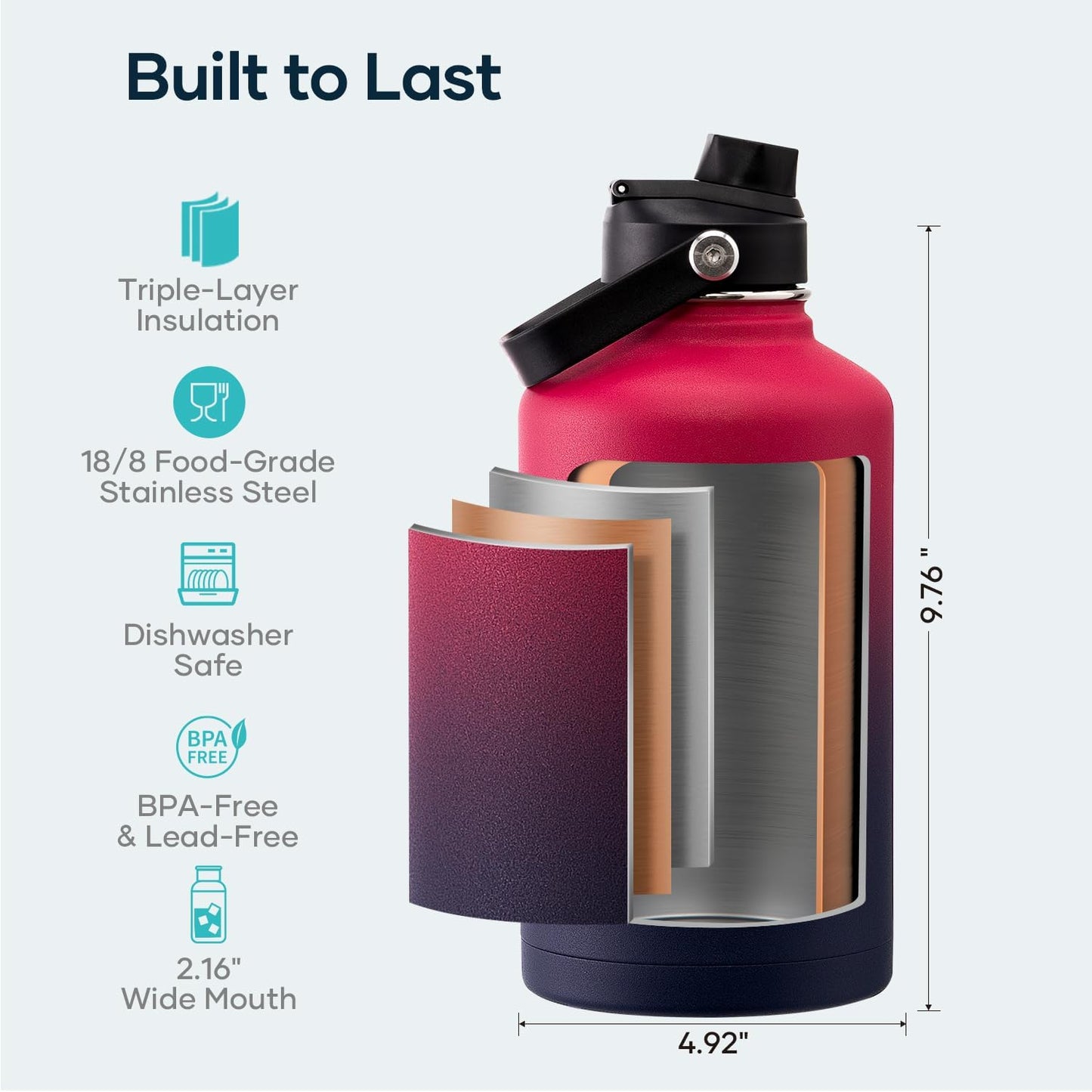 BUZIO 40oz Insulated Water Bottle, Triple Wall Vacuum Stainless Steel Water Flask with 2 lids, Lead-Free BPA-Free Straw Lid Sports Canteen Jug, Cold 48H & Hot 24H- Black - Colors B