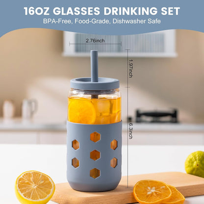 Mrsdry Glass Cups with Lids and Straws (4 Pcs), 16oz Drinking Glasses Set with Silicone Sleeves for Coffee Bar Accessories Iced Coffee Cups with Lids, Glass Tumbler Reusable for Gifts