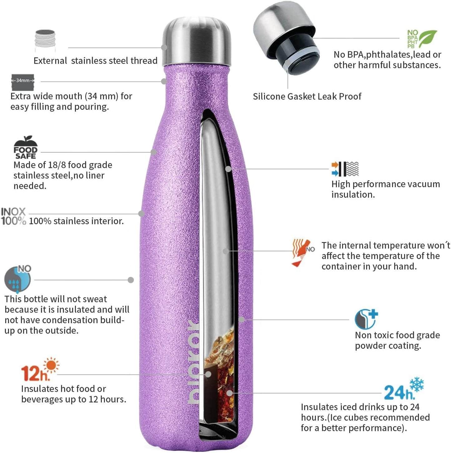 BJPKPK Insulated Water Bottle 12oz Small Stainless Steel Water Bottles Reusable Metal Thermal Keep Cold and Hot,Dreamy Purple - Colors B