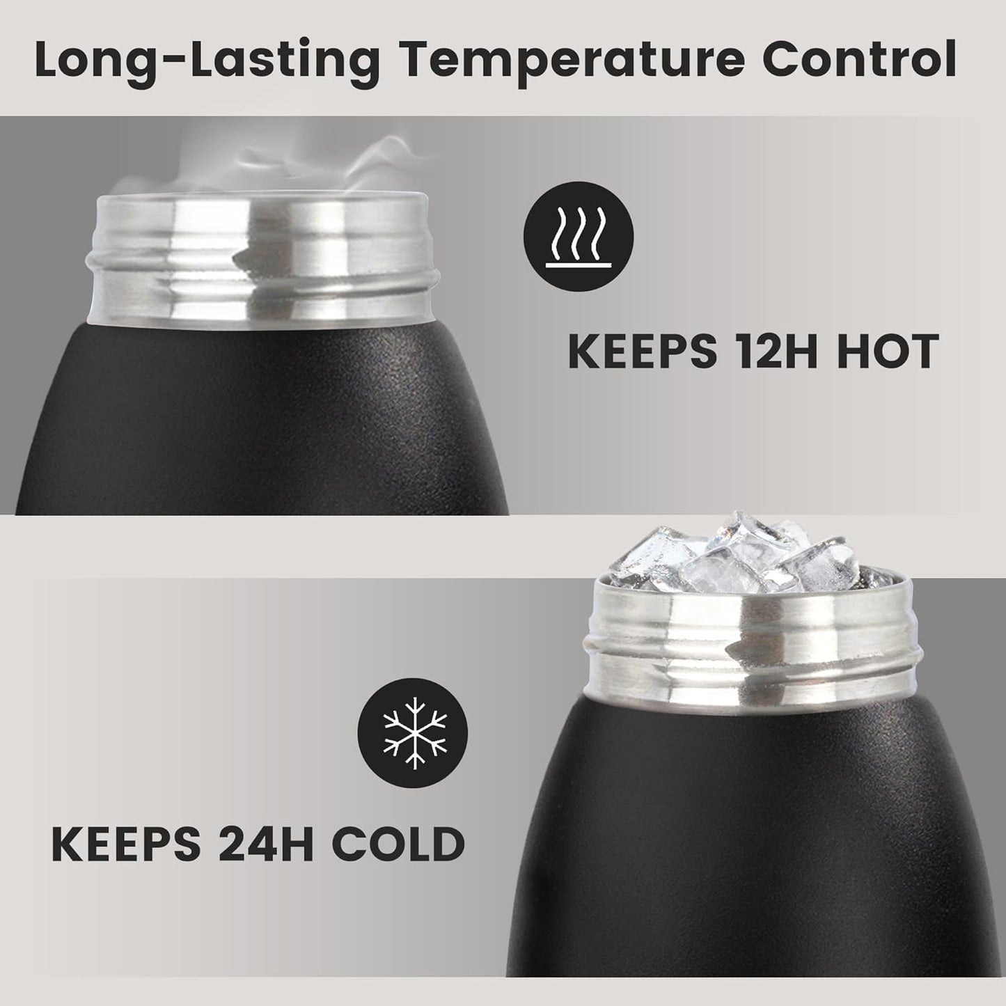 32oz Insulated Stainless Steel Water Bottle with Handle, Double Wall Leakproof Sport Water Bottle, BPA-Free, Keeps Cold 24H/Hot 12H, Ideal Gym Bottle for Men, Women, Office, Hiking, Black