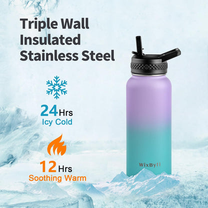 WixByti 40 oz Insulated Water Bottle with Straw (Cold for 36 Hrs), Stainless Steel Triple Wall Vacuum Sports Water Jug, Leakproof Hydro Cup Flask with Paracord Handle & Straw Spout Lids & DIY Stickers