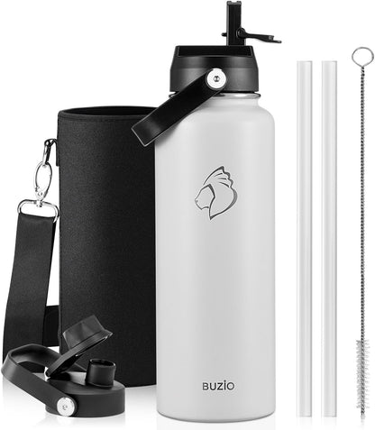 BUZIO 40oz Insulated Water Bottle, Triple Wall Vacuum Stainless Steel Water Flask with 2 lids, Lead-Free BPA-Free Straw Lid Sports Canteen Jug, Cold 48H & Hot 24H- Black - Colors A
