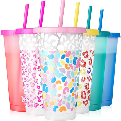 Meoky Plastic Cups with Lids and Straws - 6 Pack 24 oz Color Changing Cups, Iced Coffee Cups, Reusable Tumblers Bulk for Party, Car, Adults, Women, BPA-free (Solid & Patterned)