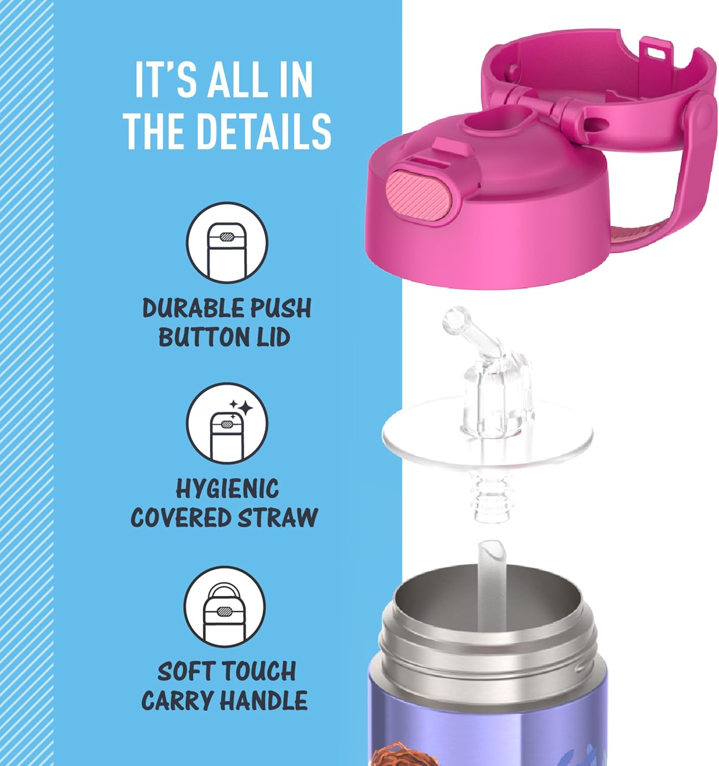 THERMOS FUNTAINER Water Bottle with Straw - 12 Ounce - Kids Stainless Steel Vacuum Insulated Water Bottle with Lid, Bluey - Colors A