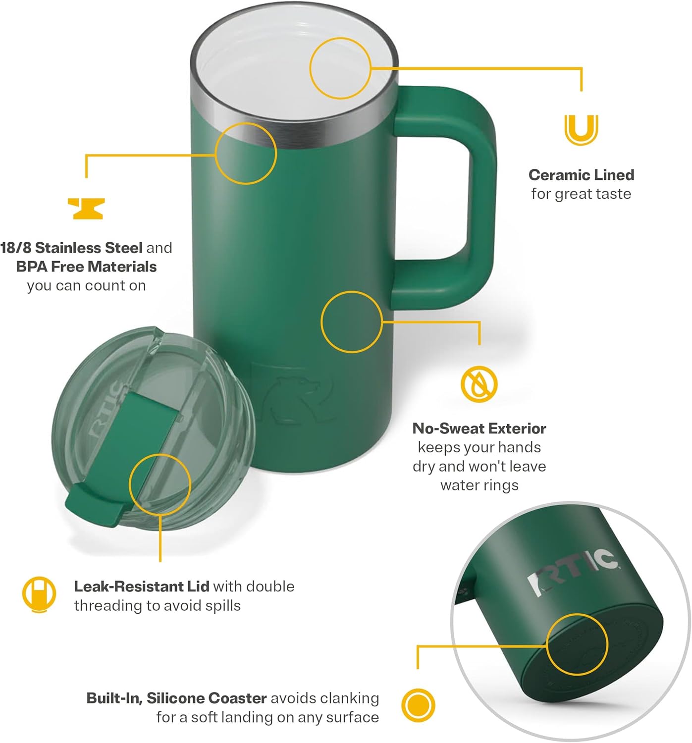 RTIC 20oz Road Trip Travel Mug with Lid and Handle, Ceramic Lined, Insulated, Stainless Steel, Metal, Double Wall Vacuum-Insulation, Portable Coffee, Tea Cup for Hot and Cold Drink, Black