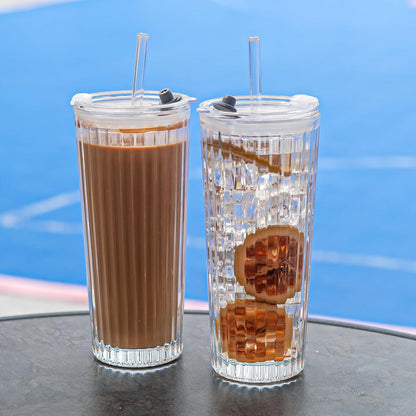 SUROQUE 20oz Ribbed Glass Tumblers with Lids & Straws, Ideal for Iced Coffee, Cocktails & More - Includes Cleaning Brush