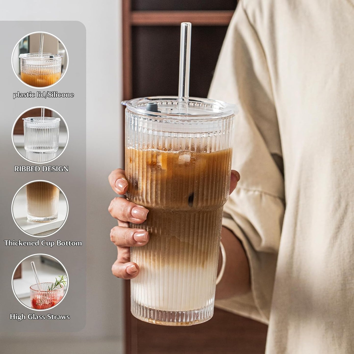 INSETLAN 20 oz Ribbed Glass Tumblers with Lids and Glass Straws – 4-Piece Glassware Set, Thickened Wall, Ideal for Iced Coffee, Smoothies, Cocktails, and Juices – Elegant and Durable Drinkware