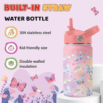 Strawberry Gifts for Kids - 16oz Pink Kids Water Bottle with Straw Lid, Stainless Steel Insulated Water Bottle, Leakproof, BPA-Free, for Girls, School, Strawberry Lover Children Birthday Gift Cup(1pc)