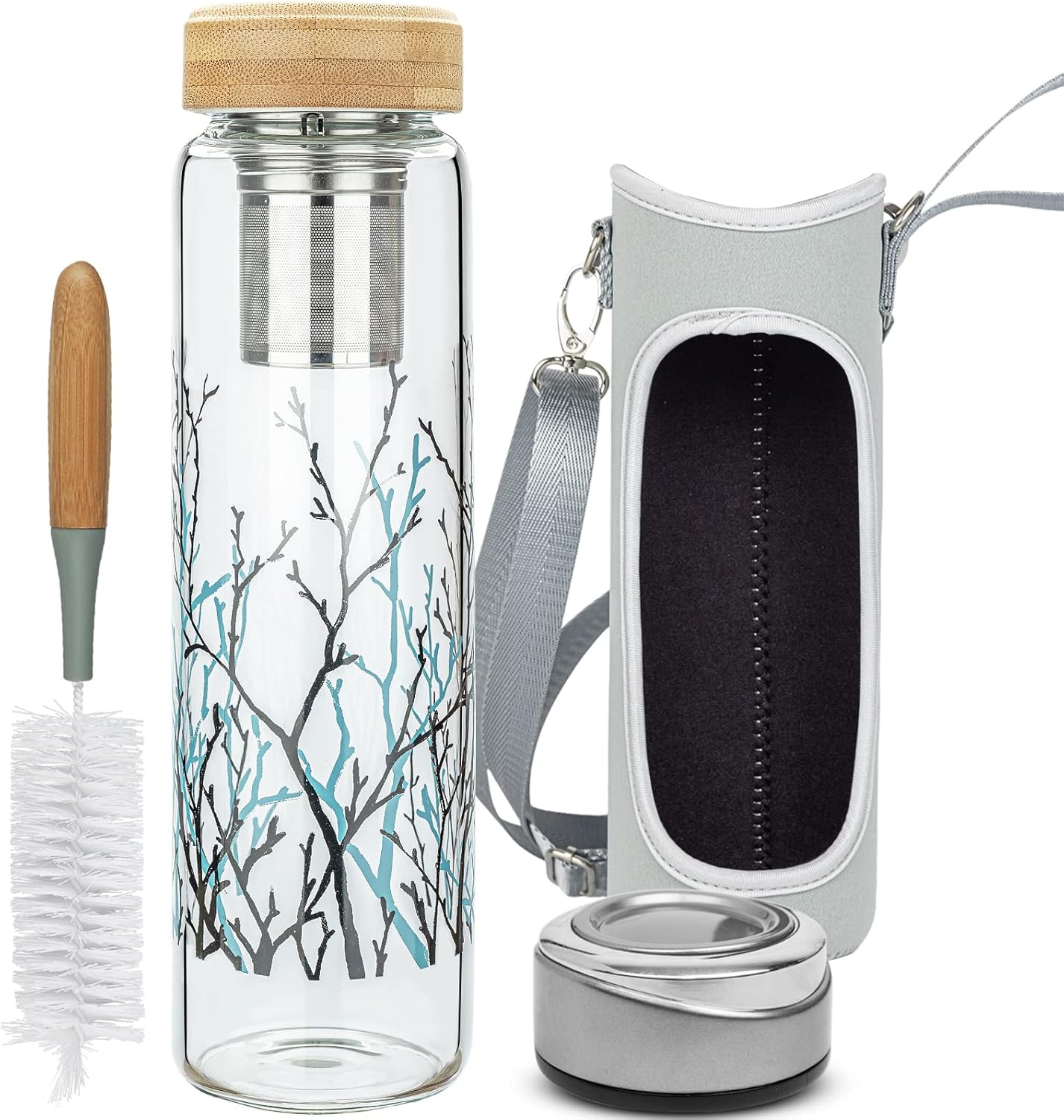 32oz Borosilicate Glass Water Bottle with Tea Infuser, Tea Tumbler with Strainer, Reusable Travel Mug with Sleeve & 2 Lids, Glass Drinking Bottle for Hot or Cold Drinks