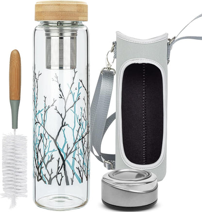 32oz Borosilicate Glass Water Bottle with Tea Infuser, Tea Tumbler with Strainer, Reusable Travel Mug with Sleeve & 2 Lids, Glass Drinking Bottle for Hot or Cold Drinks