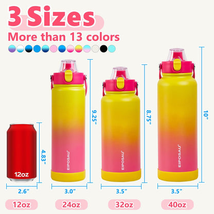 Insulated Water Bottle with Lid & Boot & Stickers, 24 oz Stainless Steel Sweat Free Bottle Keep Cold 24H, BPA-Free Sports Wide Mouth Water Bottle, BlueBlack
