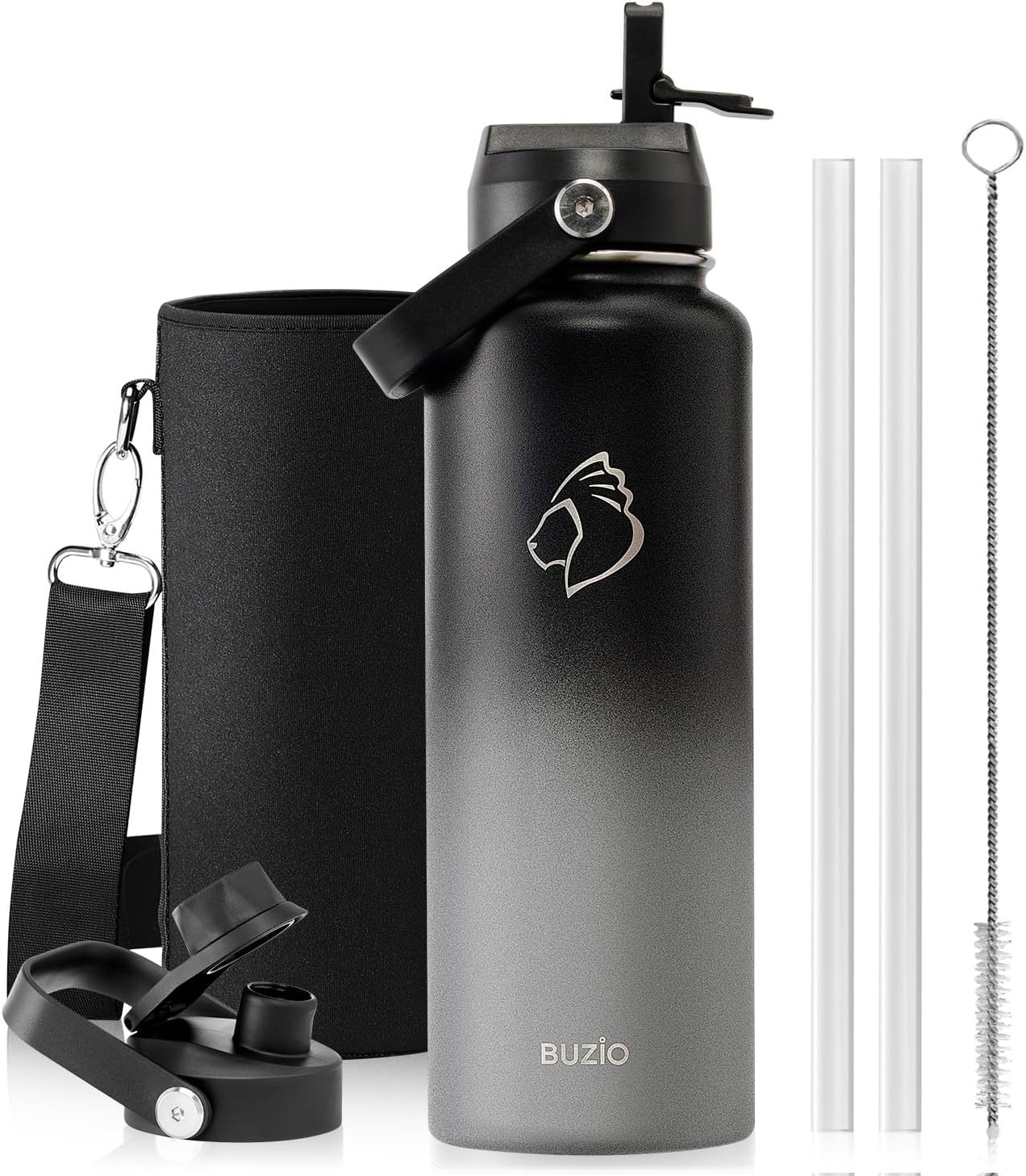 BUZIO 40oz Insulated Water Bottle, Triple Wall Vacuum Stainless Steel Water Flask with 2 lids, Lead-Free BPA-Free Straw Lid Sports Canteen Jug, Cold 48H & Hot 24H- Black - Colors B