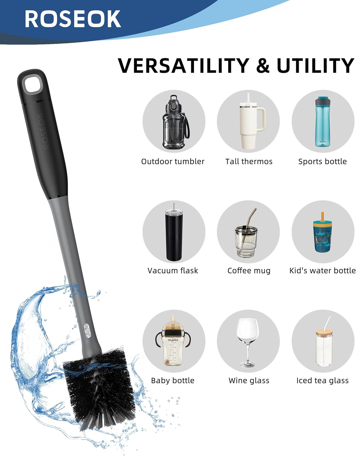 ROSEOK 2 in 1 Long Handle Bottle Brush with Straw Brush for Cleaning Glass, Sports Bottle, Coffee Mug,Navy Blue,1 Pack