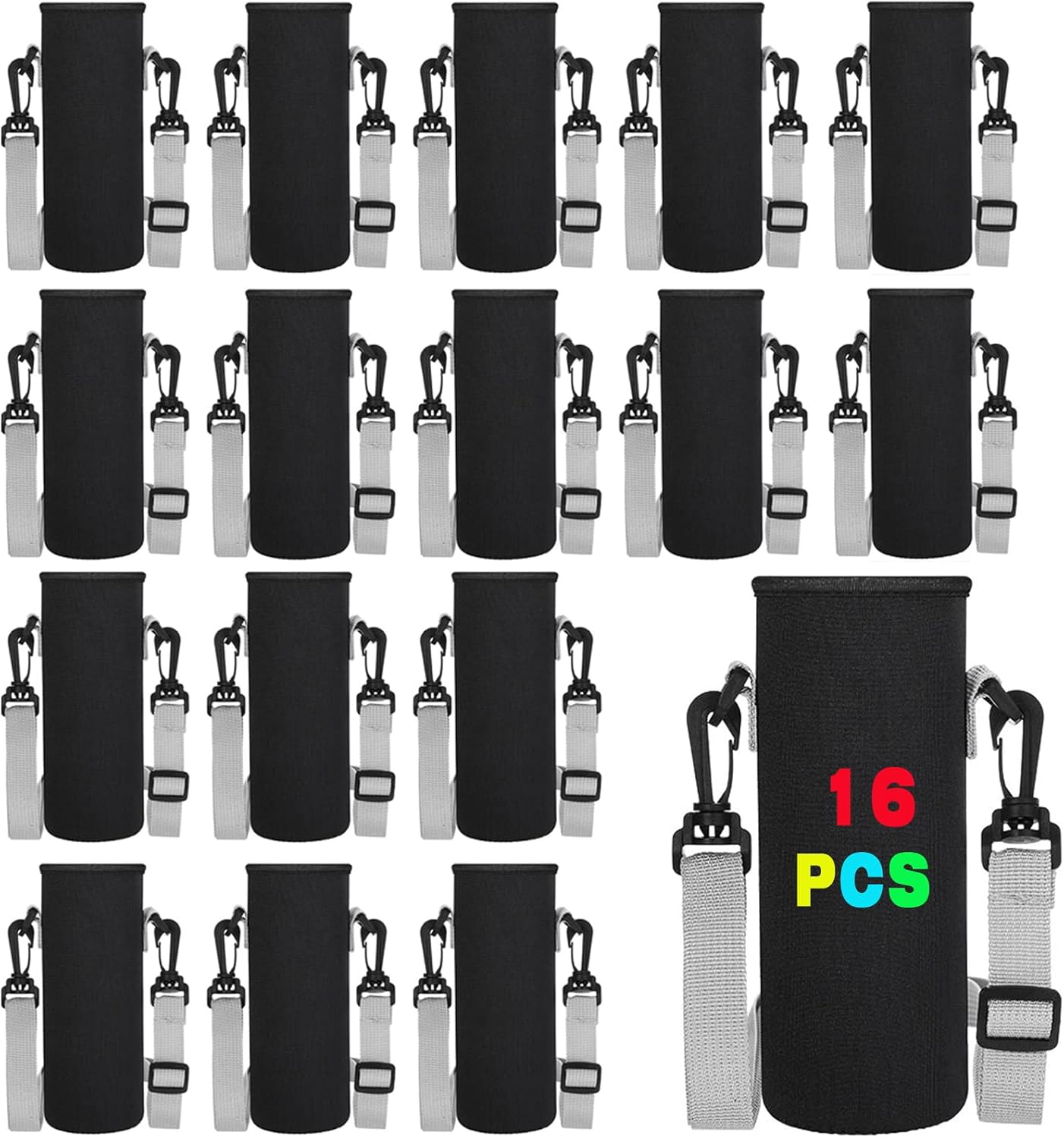 Zhehao 16 Pcs Neoprene Water Bottle Sleeve with Shoulder Strap Water Bottle Holder 32 oz Water Bottle Carrier Insulated Water Bottle Pouch Adjustable Water Bottle Sling Bag for Boys Girls