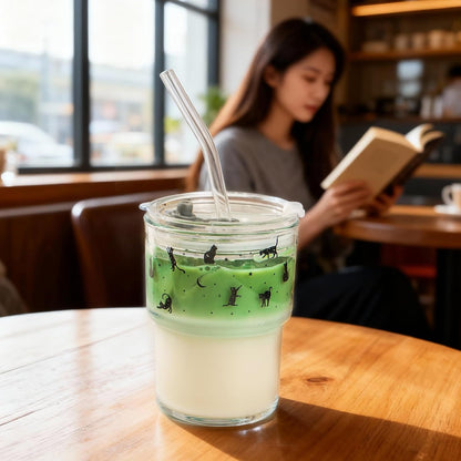 Olvini 13oz Glass Tumbler with Straw and Lid, Reusable Iced Coffee Cup Tumbler, Cute Glass Cups for Water, Matcha, Travel Coffee Mugs (Daisy)