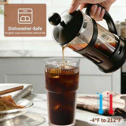 TUZAZO 20 Oz Ribbed Glass Tumblers with Lids and Straws - 4 Pack Reusable Glass Coffee Cups with Straws and Lids, Thicken Glass, Ideal for To Go Iced Coffee
