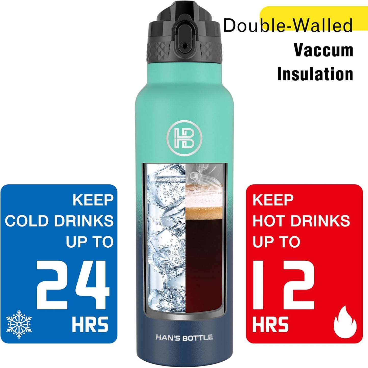 Han's Bottle Sports Water Bottle - 24 Oz, Straw Lid, Leak Proof, Vacuum Insulated Stainless Steel, Double Walled, Thermo Mug,Black