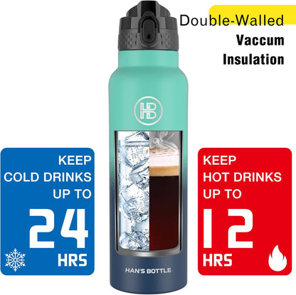 Han's Bottle Sports Water Bottle - 24 Oz, Straw Lid, Leak Proof, Vacuum Insulated Stainless Steel, Double Walled, Thermo Mug,Black
