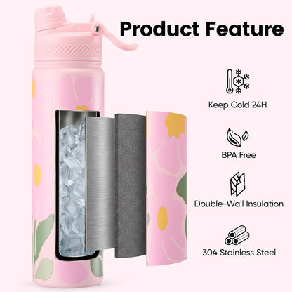 Fijinhom 18 oz Insulated Water Bottle, 2-in-1 Straw and Spout Lid Stainless Steel Thermos, Leak-Proof, Double Wall Vacuum Flask, Keep Cold 24H for Outdoor, Sports, Travel, School (Black)