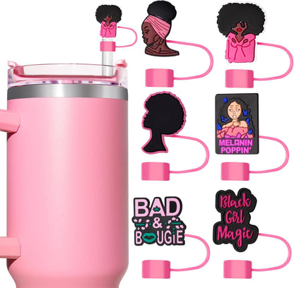 6PCS Pink Black Girl Straw Covers for Stanley Cup，Cute Silicone Straw Topper for 10mm Drinking Straw Tip Covers Stanley Cup Accessories