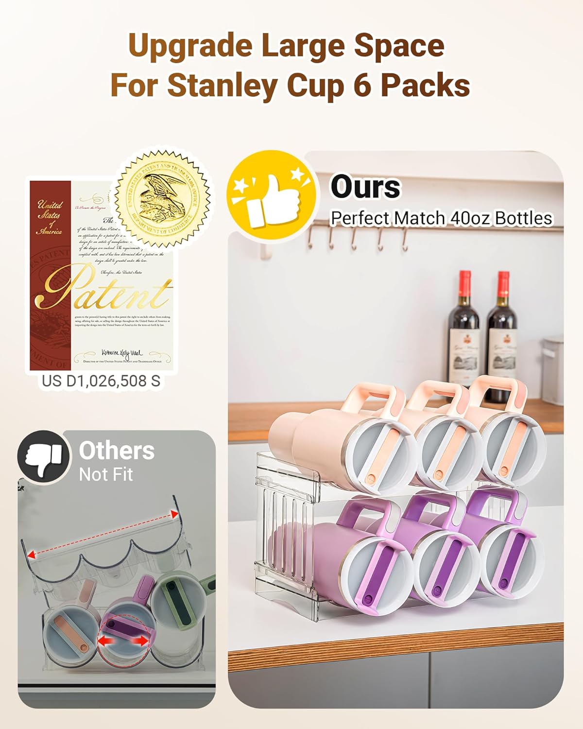 Gracenal Large Tumbler Organizer for Stanley Cup 40 oz, Patented Kitchen Pantry Organizers and Storage for Stanley Cup Accessories, Stackable Water Bottle Organizer Holder Gifts 4Pack Large-12-bottle