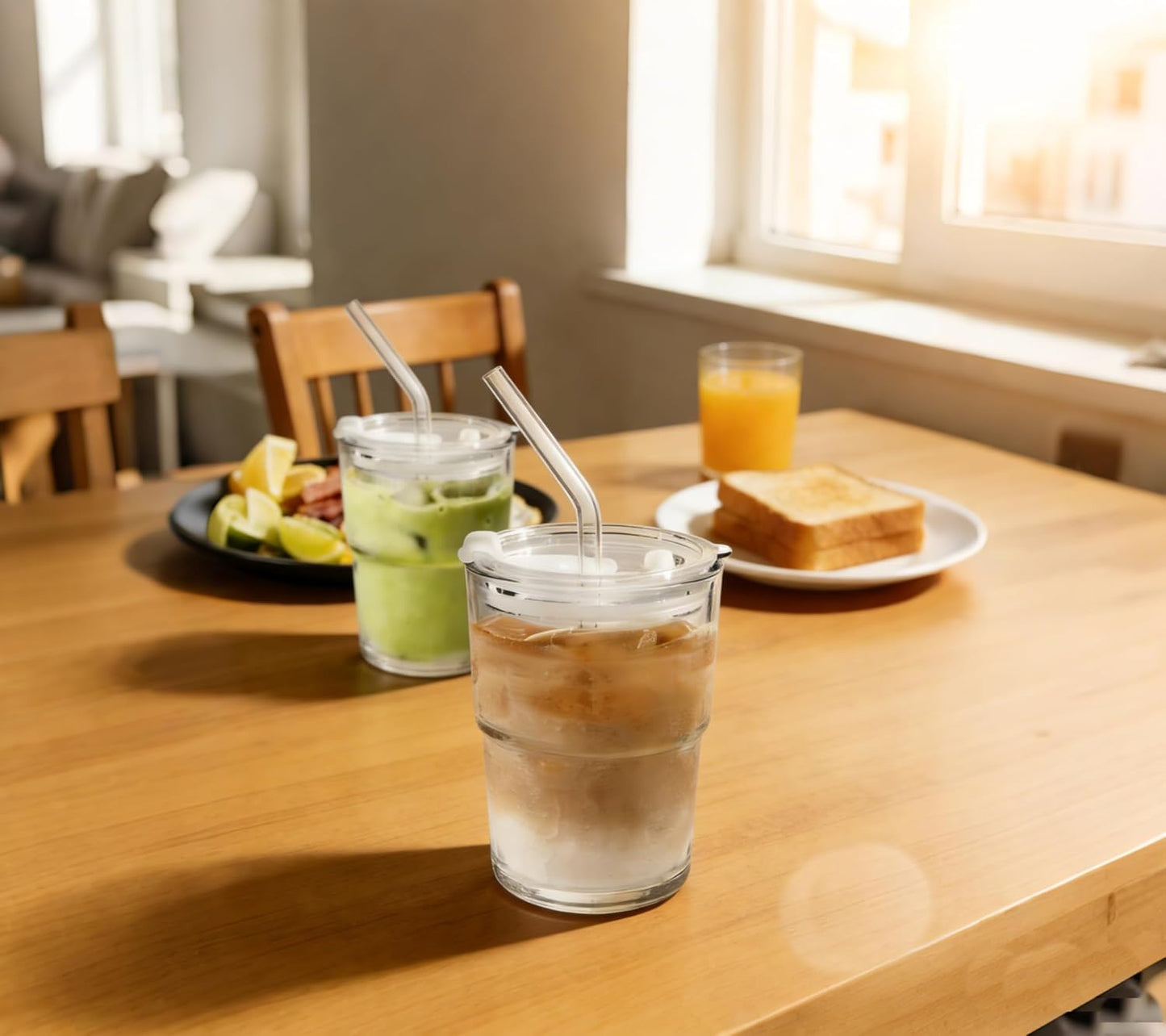 15 oz Matcha Cup Set of 2, Iced Coffee Tumbler Water Glass with Straw and Lid, Clear Thick Wall Matcha Iced Coffee Glass To Go for Smoothie Tea Soda Juice