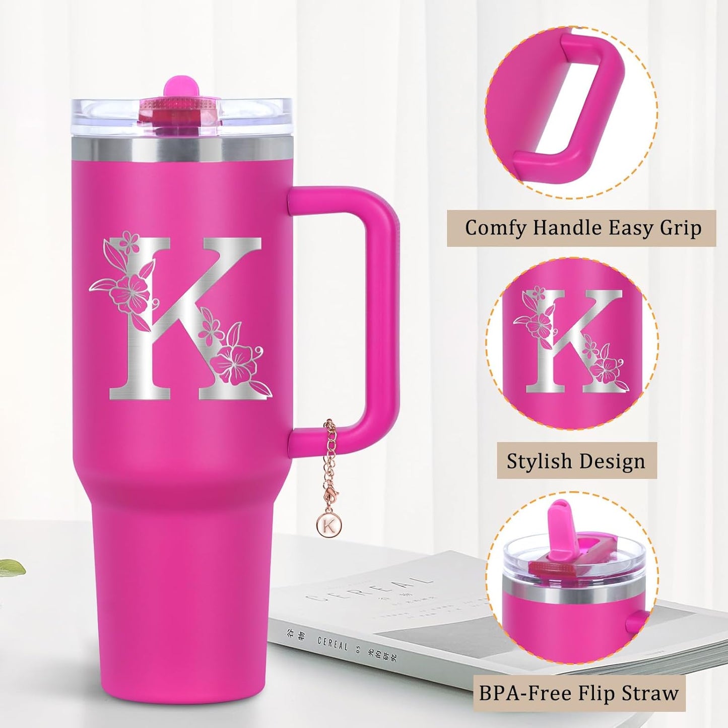 Personalized 40 oz Monogrammed Tumbler with Handle and Flip Straw Lid, 100% Leak Proof stainless steel Insulated Tumbler, Customized Initial Funny Gifts for Women Mom Sisters Coworker, A