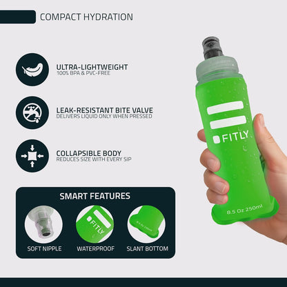 FITLY Soft Flask - Shrink As You Drink Soft Water Bottle for Hydration Pack - Folding Water Bottle Ideal for Running, Hiking, Cycling, Climbing & Rigorous Activity