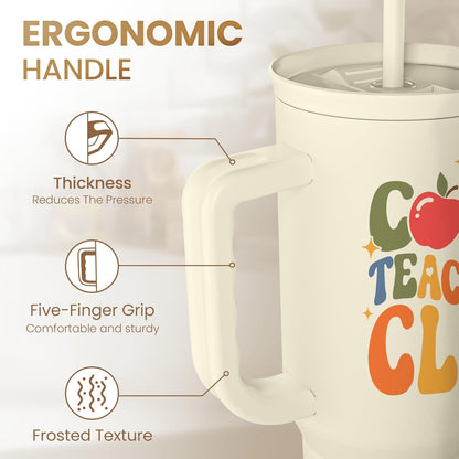 Floral Tumbler with Handle 40oz, Stainless Steel Insulated Tumblers Coffee Travel Mug Cup with Straw, Flower Coffee Cup Gifts for Women Girls, Gift for Her on Christmas Birthday Mothers Day