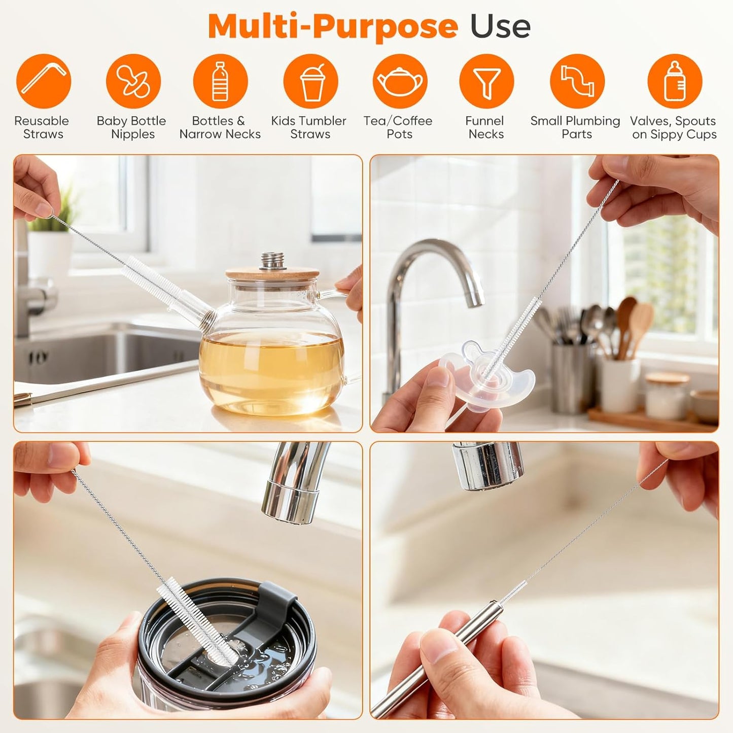10-Packs Premium Straw Cleaner Brush in Mixed Sizes, 8IN Long Reusable Stainless Steel Cleaning Brushes Set with Soft Sturdy Nylon Bristles for Metal Straws, Sippy Cups, Tumblers & Bottles