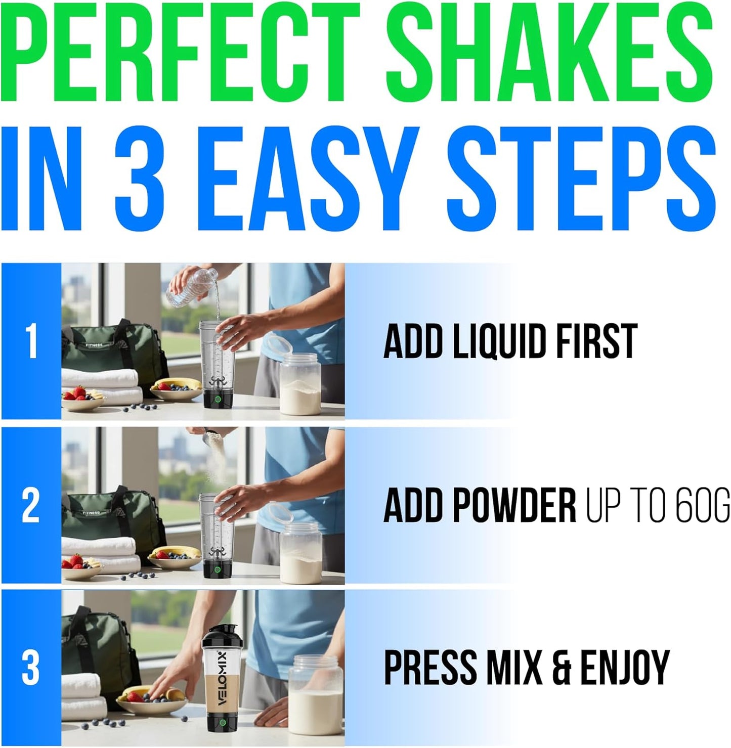 VELOMIX Electric Protein Shaker Bottle - 24 oz | USB-C Rechargeable | Leak Proof Shaker Cups for Protein Shakes | Portable Blender for Shakes and Smoothies (Electric-Transparent)